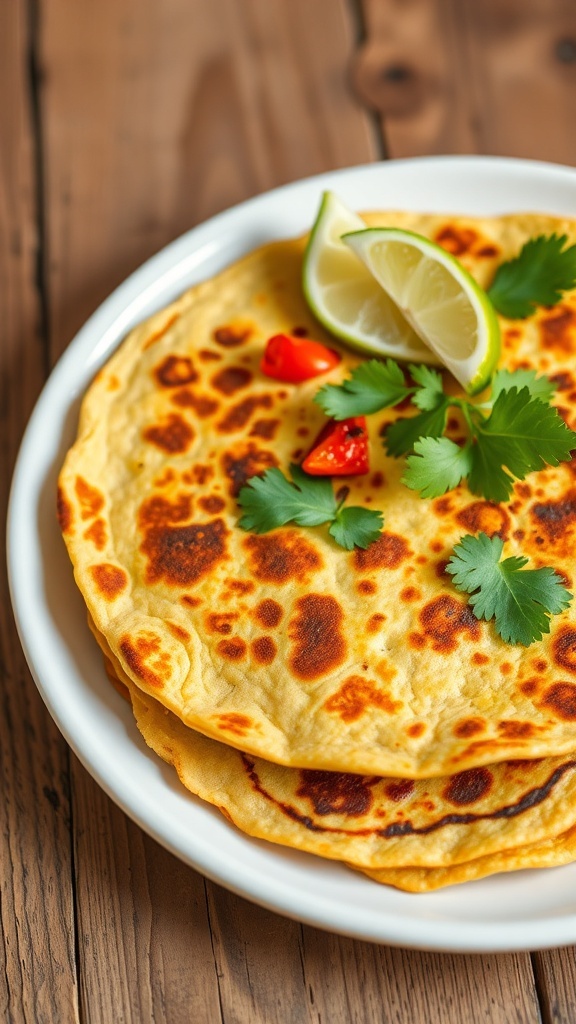 A stack of golden zucchini tortillas garnished with cilantro and lime, served on a rustic wooden table.